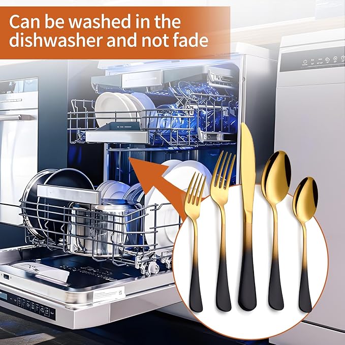 20 Piece Black Gold 18/0 Flatware Utensil Set for 4, Include Dinner Knife,Dinner Forks,Dinner Spoons,Salad Forks,Teaspoons,Silverware Set for 4, Dishwasher Safe