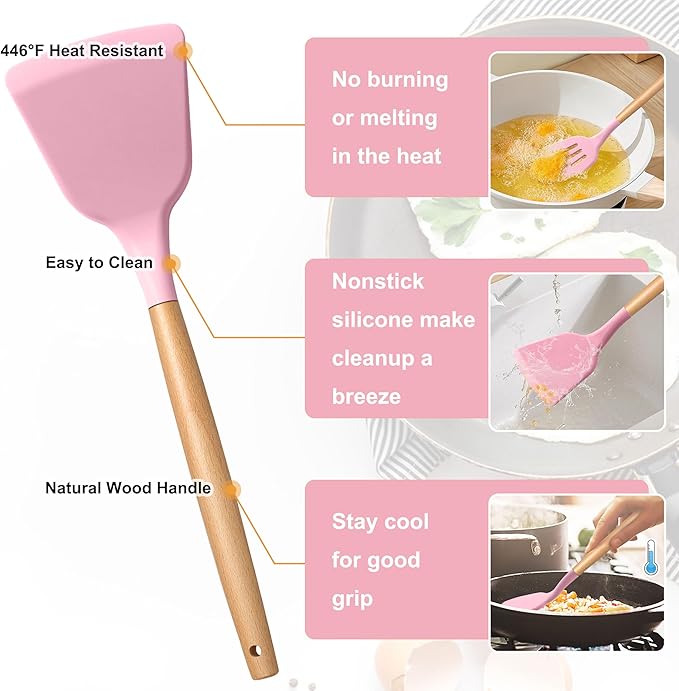 E-far Silicone Cooking Utensils Set, 10-Piece Kitchen Utensils Set with Wooden Handle for Cooking, Non-toxic Silicone Kitchen Nonstick Tools Spatula Whisk Tongs Ladle, Heat Resistant & Health, Pink