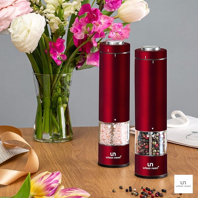 Electric Salt and Pepper Grinder Set - 2 Battery Operated Stainless Steel Mills with Light (Elegant Red Burgundy) - Automatic One Handed Operation - Electronic Adjustable Shakers - Ceramic Grinders