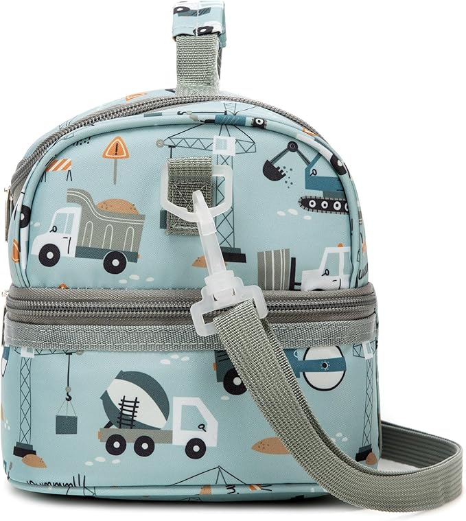 Insulated Kids Dual Compartment Lunch Bags Tote for Girls Boys Toddler Lunch Boxes Pre-School Toddler Kindergarten Picnic Camp Food Cooler Thermal with Strap (Z Light Blue Car)