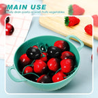 Baderke 4 Pack Mini Colander for Kitchen Plastic Berry Strainer with Double Handles 7.5 x 6 x 3 Inch Small Colander Strainer for Fruits Vegetables Food(Light Blue, Army Green, White, Blue)