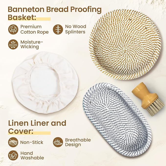 Sourdough Starter Kit with Cotton Rope Banneton Basket & Jar, Bread Baking Supplies and Tools Set, Complete Sourdough Bread Making Kit, Baking Gift for Women Moms & Beginners