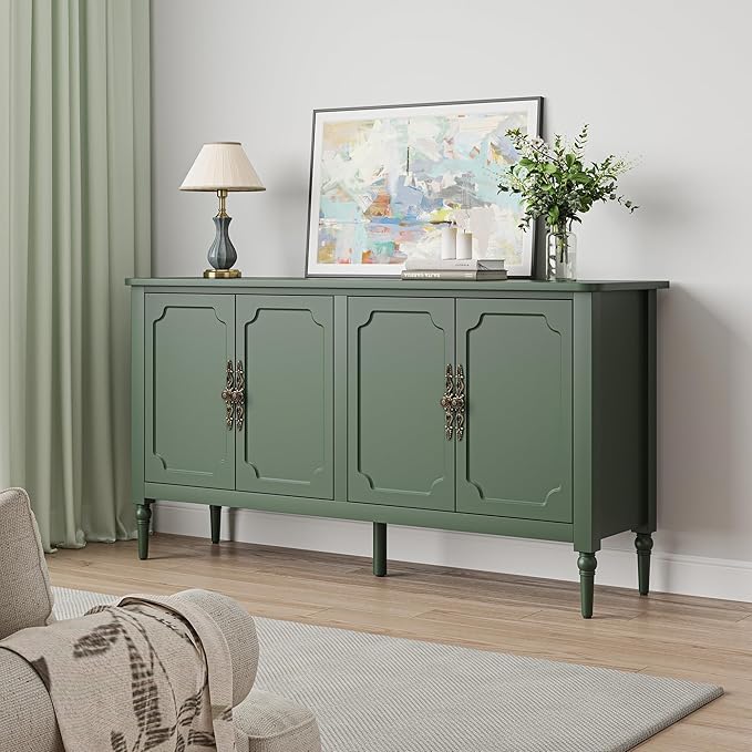 Console Cabinet, 58'' Mid Century Modern Pantry Cabinet, Wood Buffet Cabinet, Media Cabinet with 4 Doors, for Entryway, Living Room, Bedroom, Dining Room (Green)