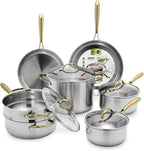 GreenPan 11 Piece Stainless Steel Cookware Set, Induction Ready, Tri-Ply Multiclad Pots & Pans with Lids, Compatible on All Cooktops, Measurement Markings, Dishwasher & Oven Safe, Swift, Gold Handles