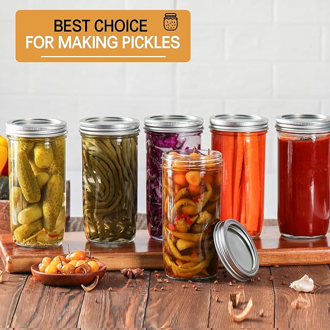 Mason Jars Wide Mouth 24oz, 12 pack Glass Pickle Canning Jars Food Storage With Airtight Mason Jar lids and Bands for Canning, Preserving, Fermenting, Pickling, DIY Projects (12)
