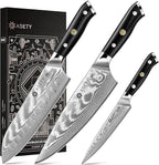 Damascus Kitchen Knife Set 3 PCS: NSF Food-Safe Japanese Knives with VG10 Steel Core, Ultra-Sharp Professional Chef Knife Set and Full Tang G10 Handle, Elegant Box