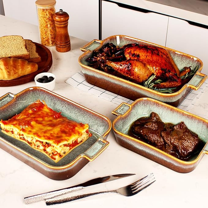 Rectangular 11.5 x 8.5 Casserole Dish, 2.5 Qt Ceramic Au gratin Baking Dish with Handles, or for mixing, salad, pasta plate, Best gift for those who love baking, Microwave, Oven safe