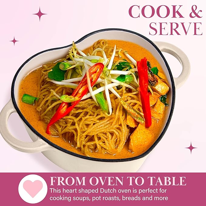 Paris Hilton Enameled Cast Iron Dutch Oven Heart-Shaped Pot with Lid, Dual Handles, Works on All Stovetops, Oven Safe to 500°F, 4-Quart, Cream