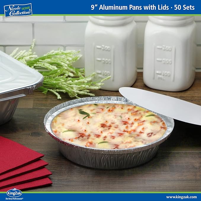 Nicole Home Collection Aluminum Pans 9” Round Disposable Foil Pans With Lids (50 Pack) – 9 Inch Round Disposable Takeout Pans With Board Lids (9" Inch Round)