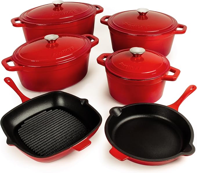 BergHOFF 10Pc Neo Enameled Cast Iron Cookware Set, Matching Lid, Oven Safe Up To 400°F, Red