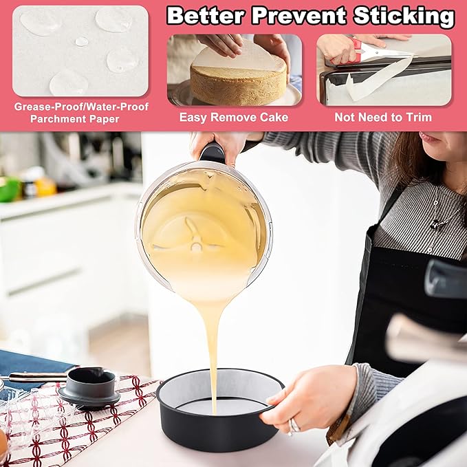 E-far 6 Inch Cake Pans Set of 2, Nonstick Stainless Steel Small Round Baking Pans with Parchment Paper & Side Liner Roll, Stainless Steel Core & Non-toxic Coating, Straight Side & 2 Inch Deep