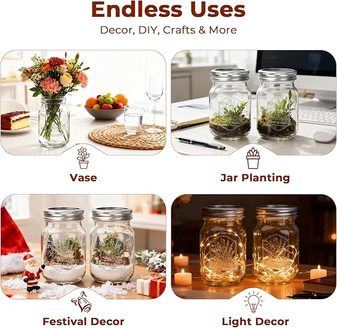 CycleMore 16oz Mason Jars, 15 Pack Embossed Glass Canning Jars with Lids and Bands, Overnight Oats Containers for Canning, Pickling, Food Storage, DIY Projects