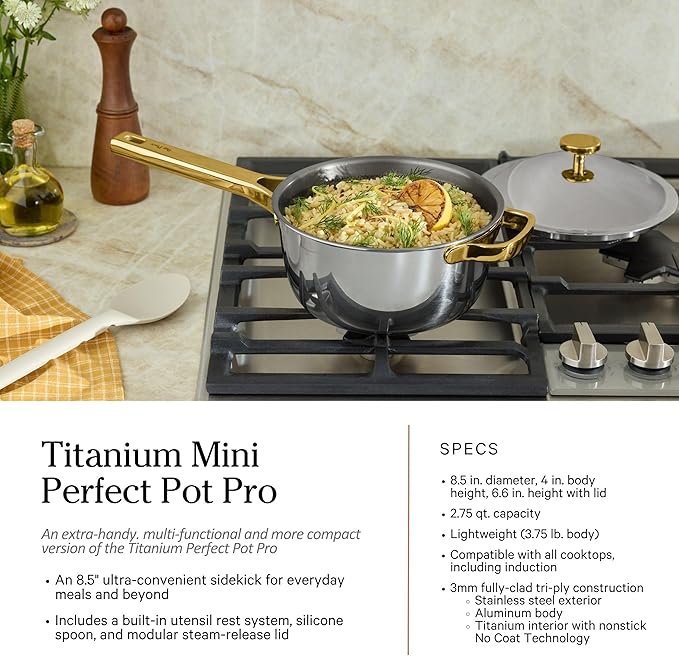 Our Place Titanium Pro Cookware Set | Standard & Mini Always Pans & Perfect Pots | Coating-Free Titanium Nonstick, Tri-Ply Stainless & Aluminum | Oven, Induction & All Cooktops up to 750°F | Gold