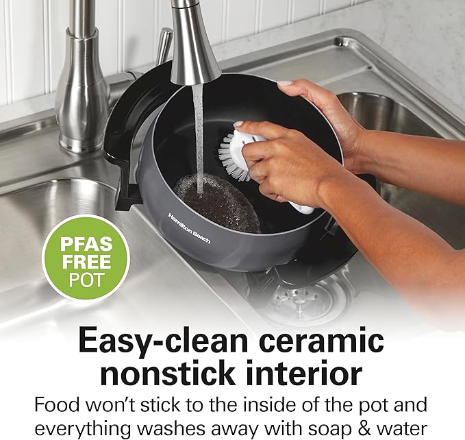 Hamilton Beach 12 Cup Electric Fondue Pot Set with Temperature Control, 6-Color Coded Forks, for Cheese, Chocolate, Hot Oil, Broth, 3 Quart PFAS-Free Nonstick Interior, Gray (86202)