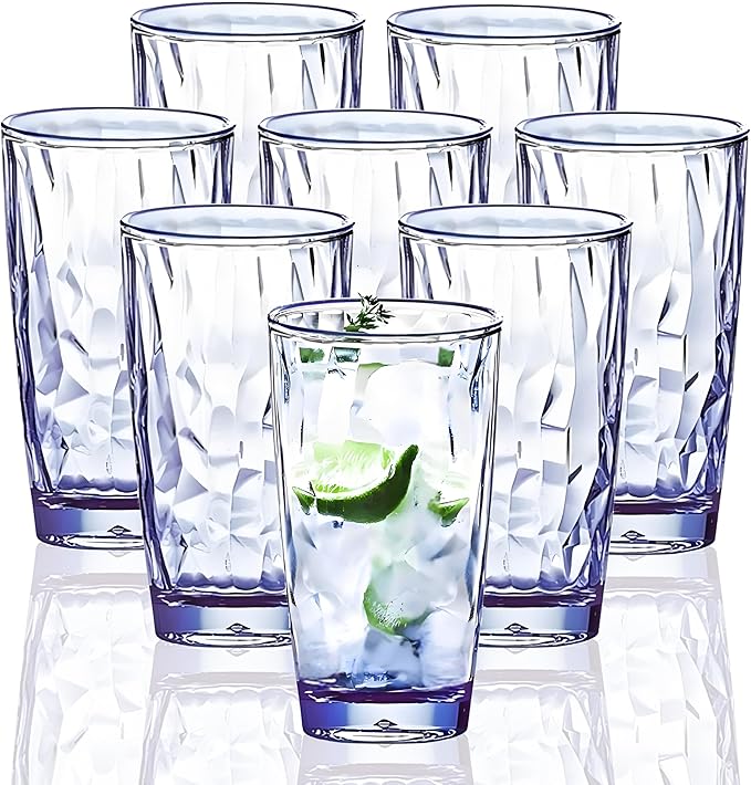 15Oz Shatterproof Tritan Drinking Glasses Unbreakable Acrylic Glasses Drinkware BPA Free Hard Plastic Cups Reusable Kitchen Water Glasses Drinking Set of 8 (Blue)