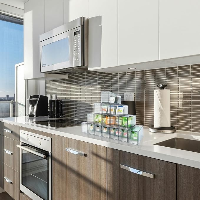 16-Pack Tea Bag Drawers Organizer - 16 Clear Plastic Drawer Tea Bag Holder; Stackable & Portable; Wider Size; Well-Organized Storage for Tea Bags & Kitchen Essentials；High Volume