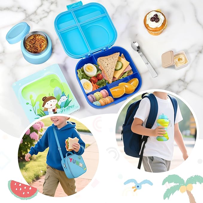 Kids Bento Lunch Box with 12oz Soup Thermo, Kids Leakproof Lunch Food Container with 4 Compartments, Insulated Lunch Bag & Water Cup for Girls Boys to School Travel