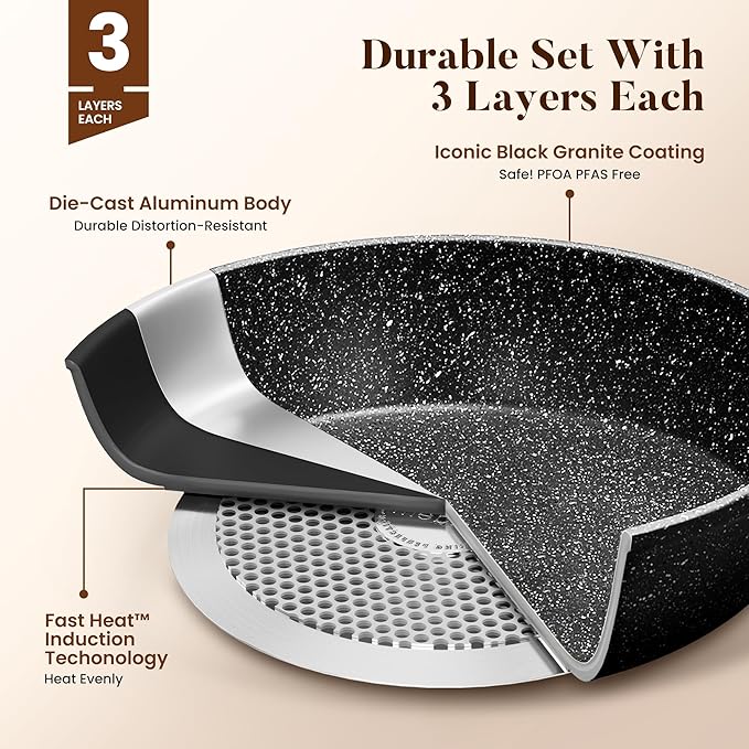 Kitchen Academy Induction Cookware Set-17 Piece Non-stick Cooking Pan Set, Black Granite Pots and Pans Set