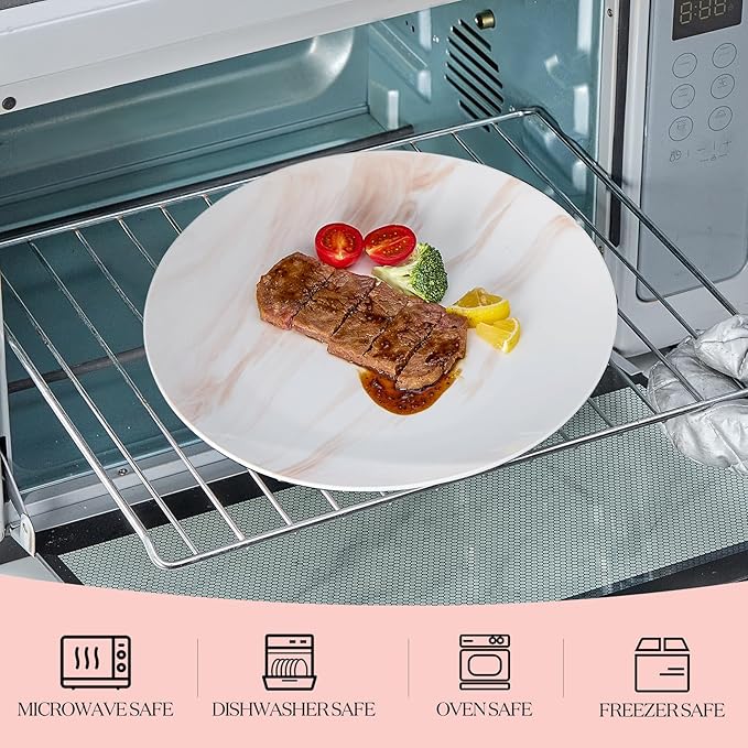 bestone Dinner Plates, 10.5 Inch Plates Set of 6, Porcelain Round Dessert Salad Dinner Plates, Serving Dishes for Kitchen, Dishwasher, Microwave, Freezer, Oven Safe, Marble Orange