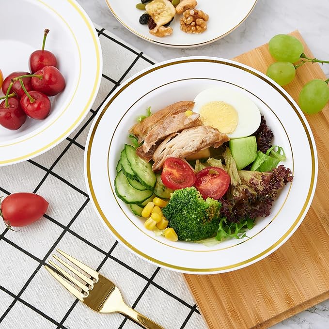 JOLLY PARTY 100PCS Plastic Bowls with Gold Rim-12oz disposable Soup Bowls, Christmas Thanksgiving Premium Dessert Salad Bowls for Wedding/Party