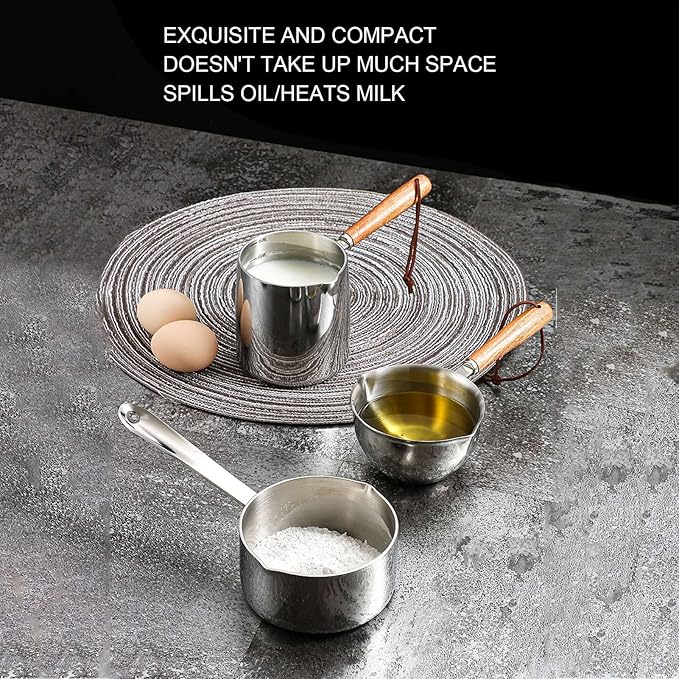 Turkish Coffee Pot Milk Warmer Pot 450ML Stainless Steel Butter Warmer Mini Butter Coffee Milk Pot Small Saucepan with Wooden Handle for Chocolate Heating Camping