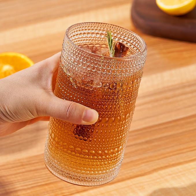 16oz Hobnail Drinking Glasses Set of 12, Vintage Large Capacity Embossed Clear Tumblers, Highball Glasses for Water, Cocktail, Beer, Whiskey, Juice & Bar Use