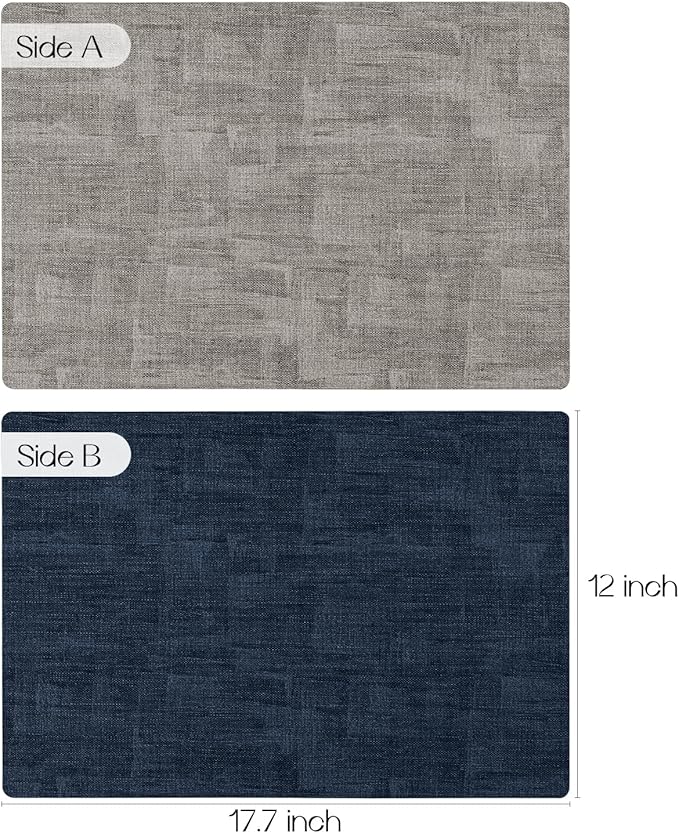 Romanstile Reversible Vinyl Placemats Set of 6, Faux Leather 100% Waterproof Oil-proof Wipeable Place Mats, Heat Resistant Dual Sided Table Mats for Kitchen/Dining/Party (Grey Nave Blue, 12 x 17 Inch)