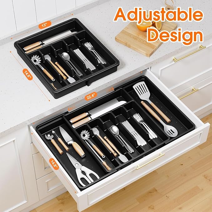 Silverware Organizer，Adjustable & Expandable Utensil Drawer Organizer, BPA Free Utensil Holder, Cutlery Tray for Forks, Spoons, Knives in Kitchen, Large, Black