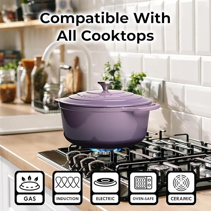 Zulay Kitchen 6 Quart Enameled Cast Iron Dutch Oven Pot with Lid – Premium Durability & Oven Safe up to 500°F – Heavy Duty Cookware Perfect for Bread Baking, Stews, Braising & Roasting – Lavender Jade