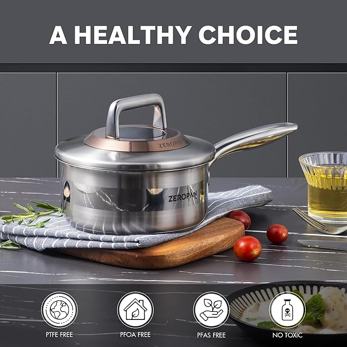 1 Quart Stainless Steel Saucepan with Lid, 6 Inch Hybrid Nonstick Sauce Pan,Small Cooking Pots,PFAS PFOA PTFE Free,Stay-Cool Handle, Dishwasher-Friendly, Oven-Safe,Compatible with All Cooktops