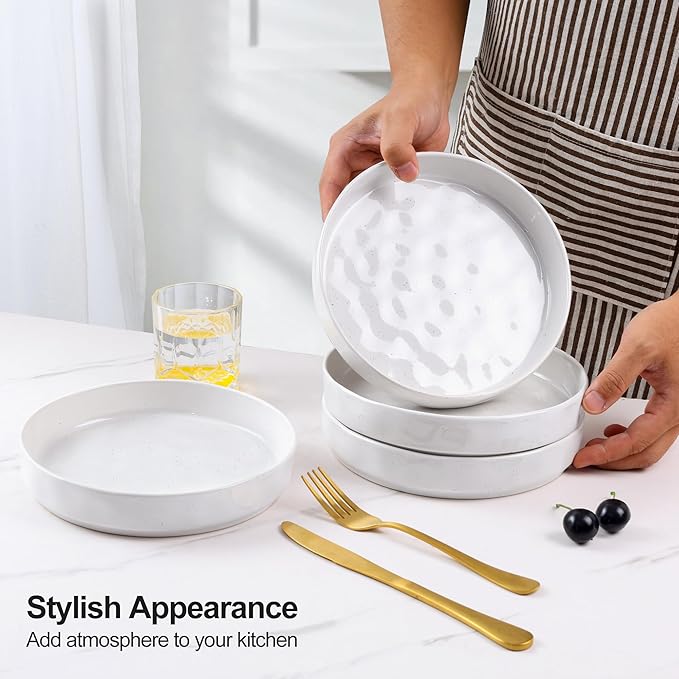 E-far Pasta Bowls Set of 4, 30oz Shallow Salad Bowls for Dinner Serving, 8.25" Stoneware Ceramic Bowl Plates for Noodle Soup, Microwave & Dishwasher Safe, Glossy Porcelain, Speckled White