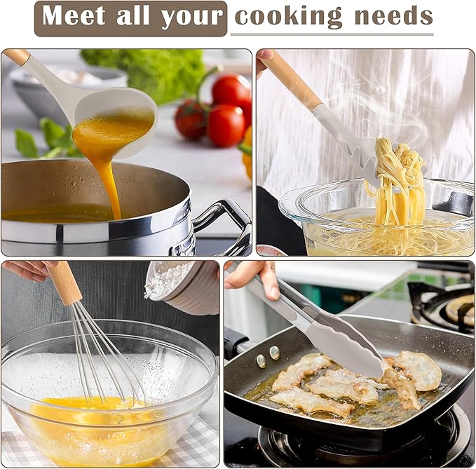 E-far Silicone Cooking Utensils Set, 10-Piece Heat Resistant Kitchen Utensils Set with Wooden Handle for Nonstick Cookware, Kitchen Nonstick Tools Spatula Whisk Tongs Ladle, Non-toxic & Healthy(Khaki)