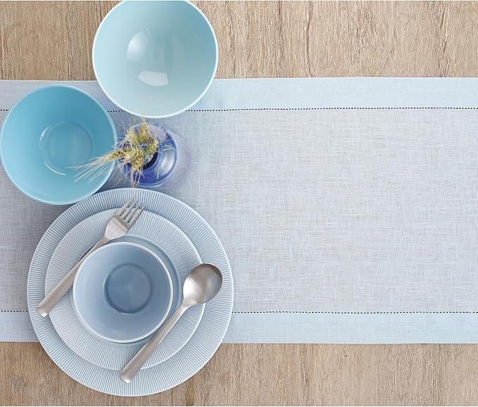 Solino Home Linen Light Blue Table Runner 72 Inches Long - 100% Pure Linen Hemstitch Table Runner 14 x 72 Inch for Dresser, Dining and Summer - Classic Hemstitch