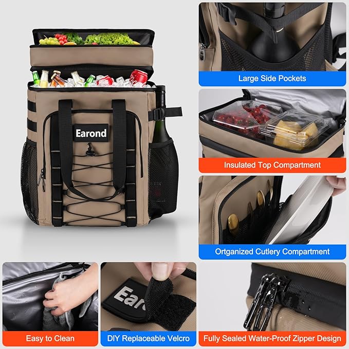25L Insulated Cooler Backpack with Waterproof Zipper & Multi-Compartment Design Leakproof Lunch Bag for Beach, Camping, Office - Spacious Thermal Light-Weight Backpack for Men and Women-Khaki