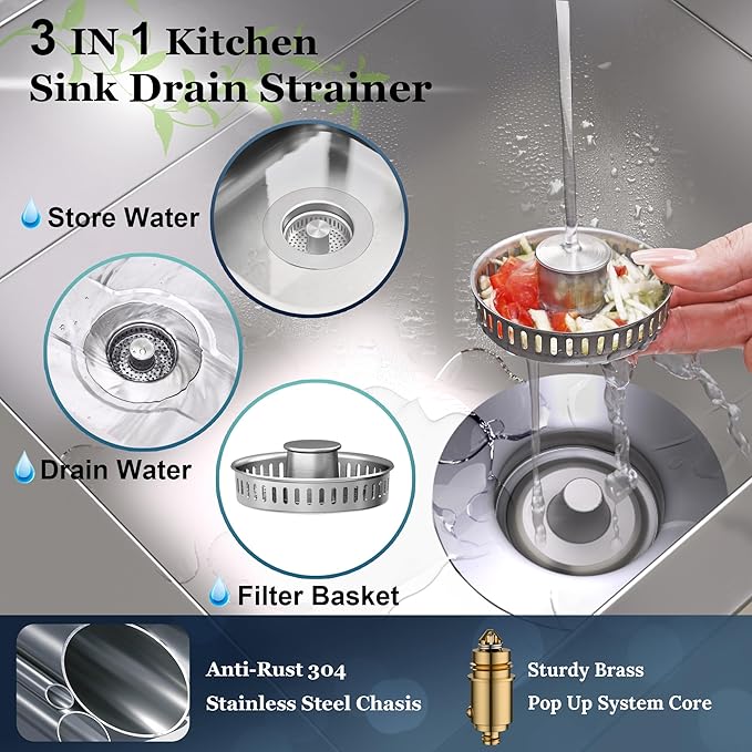 3 in 1 Kitchen Sink Drain Strainer Pop up Sink Stopper,Durability Stainless Steel Anti-Clogging Strainer Basket Odor Prevention Plug Stopper for US Standard 3-1/2” Drain
