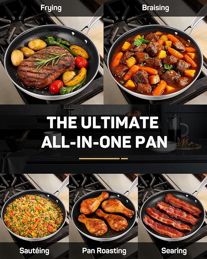 Stainless Steel Nonstick Frying Pan, Hybrid Ceramic 12-Inch Frying Pans, Stay-Cool Handle, PFAS & PFOA PTFE Free, Dishwasher & Oven Safe, Scratch-Resistant, Compatible with Induction & All Cooktops
