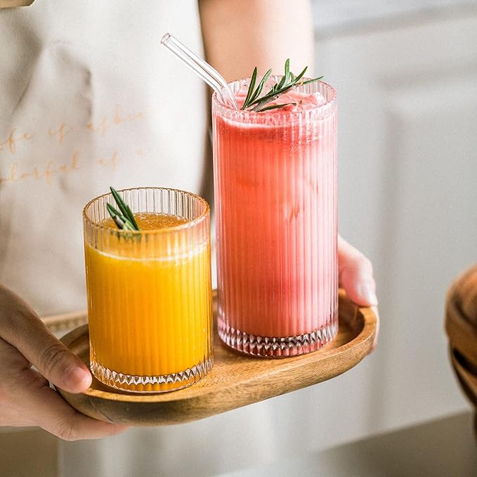 Drinking Glasses with Origami Style Set of 4 Glass Cups, 12 oz Ribbed Glassware, Highball Glass Cups, Elegant Art Deco Ripple Vintage Glassware, Juice Glasses, Ideal for Cocktail, Beer