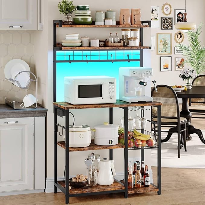 HOOBRO Bakers Rack with Power Outlet, 5 Tiers Coffee Bar with LED Light, Microwave Stand with Wire Basket & Wine Holders, Kitchen Storage Shelf with 6 S-Shaped Hooks, Rustic Brown and Black BF21UDHB01