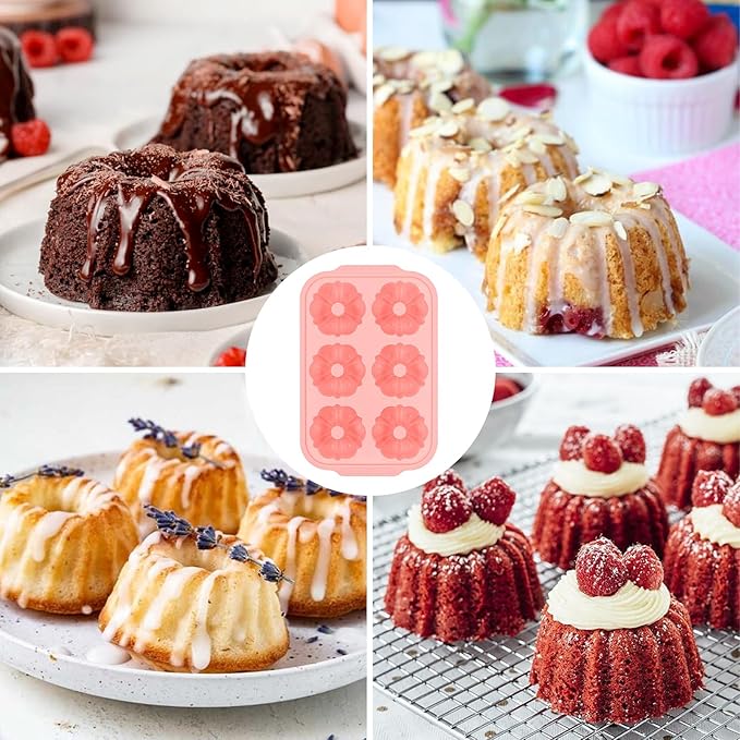 Mini Fluted Tube Cake Pans for Baking with Metal Reinforced Frame, 2Pcs Silicone 6-Cavity Mini Flan Molds, Nonstick Baking Mold for Cupcake, Brownie, Donuts, Cornbread, Jello