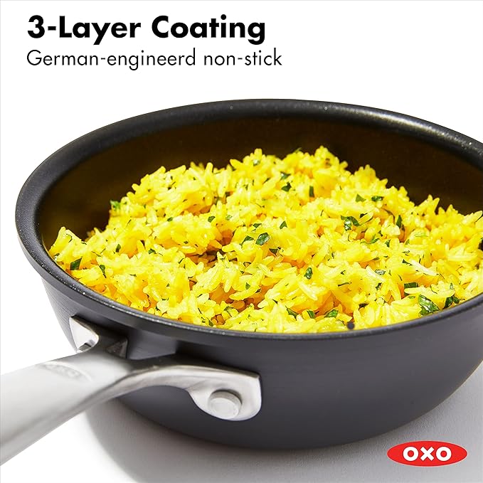 OXO Good Grips Pro 1QT and 2QT Saucepan Pot Set with Lids, 3-Layered German Engineered Nonstick Coating, Stainless Steel Handles, Black