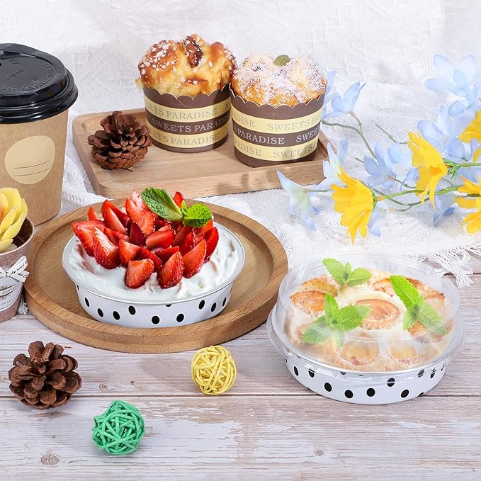 Beasea Mini Tart Pans with Lids 20 Pack, 4” 8oz Disposable Aluminum Baking Foil Tins Round Small White Black Dot Container for Individual Cupcake Dessert Muffin Ramekin Cheesecake Quiche Oven Dishes