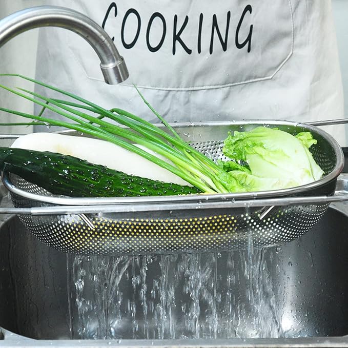 Over The Sink Strainer Stainless Steel Colander 5 Quart Basket with Expandable Rubber Grip Handles for Kitchen Sink - Strain, Drain, Rinse Fruits, Vegetables, Pasta, New Home Essentials