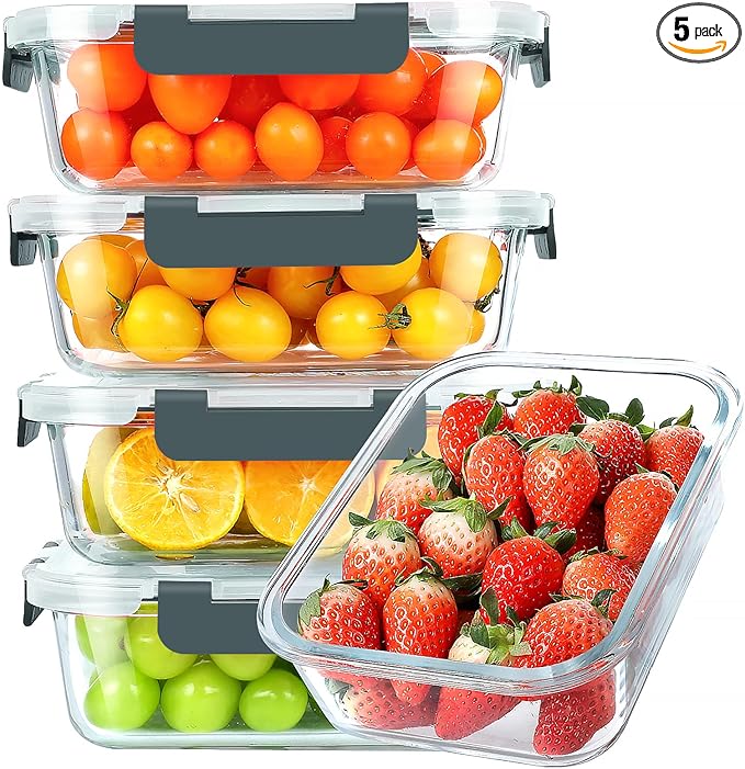 30 oz 5 Pack Glass Meal Prep Containers, Glass Storage Containers with Lids - Dishwahser, Microwave, Oven and Freezer Safe