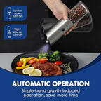 Vzaahu Gravity Electric Pepper and Salt Grinder Set of 2 - Rechargeable, Refillable, Adjustable Coarseness, Stainless Steel Seasalt Peppermill with LED light - One Hand Operation (Sliver)