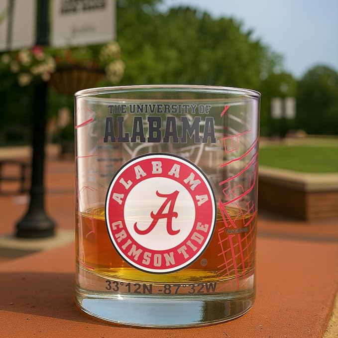 Greenline Goods – University of Alabama Crimson Tide College Whiskey Glasses (Set of 2), 10 oz – Full-Color Logo + Campus Map