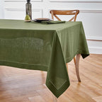 Solino Home Olive Linen Tablecloth 60 x 108 Inch - 100% Pure Linen Hemstitch Table Cloth for Rectangle Tables - Classic Hemstitch, Machine Washable Tablecloth for Fall, Autumn