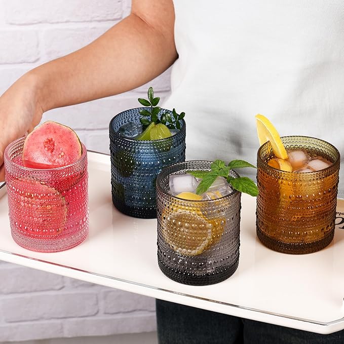 Cocktail Glasses 10 oz Hobnail Drinking Glasses Set of 6, Vintage Glassware, Textured Glass Cups Bubble Glasses Water Glasses Old Fashion Jupiter Glasses Set, clear