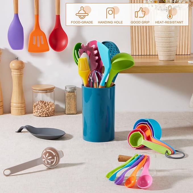 E-far Colorful Silicone Kitchen Utensils Set with Holder, 25-Piece Cooking Utensil Set with Wooden Handle for Nonstick Cookware, 446°F Heat Resistant Kitchen Tool Spatulas, Non-toxic & Healthy