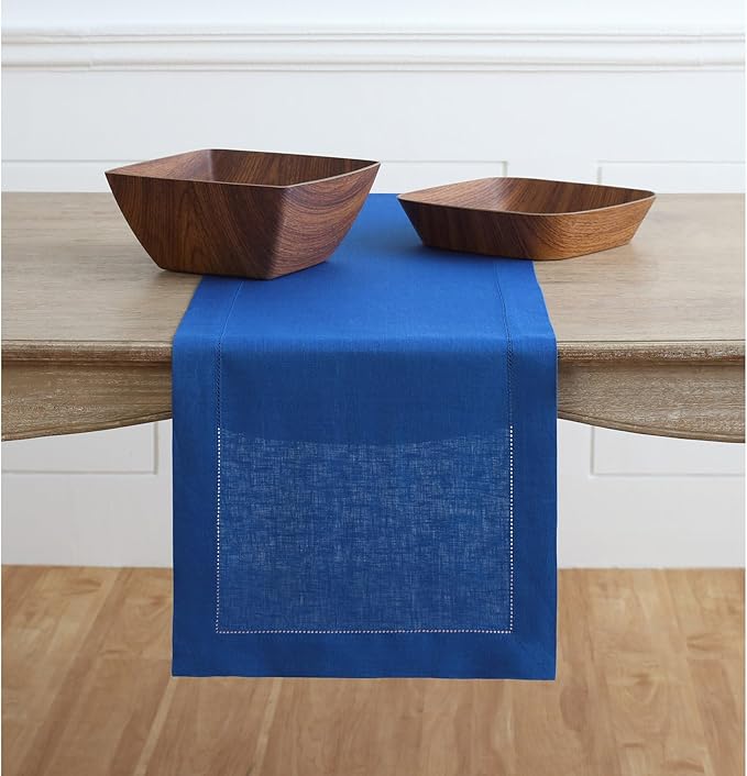 Solino Home Linen Royal Blue Table Runner 48 Inches - Classic Hemstitch, 100% Pure Linen Coffee Table Runner 14 x 48 Inch Ideal for Dresser Tables - Summer