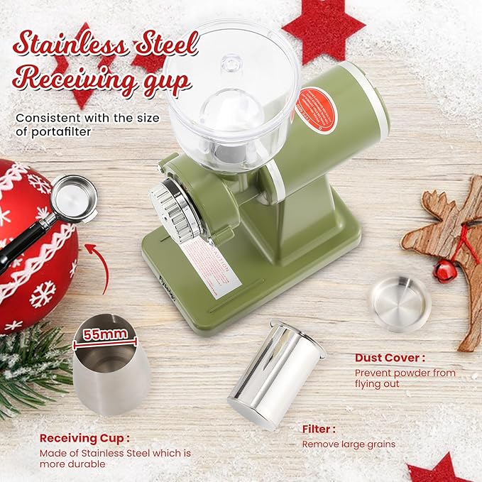 Electric Coffee Grinder Burr Espresso Coffee Bean Grinder Small Automatic Stainless Steel Coffee Mill With Brush, Pea Green